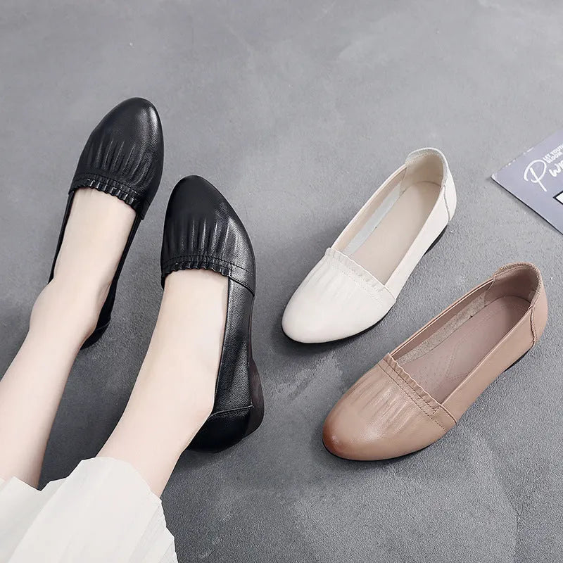 Women's first layer cowhide flat shoes in white – genuine leather loafers with low wedge heel