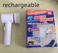 White cordless electric cleaning brush with three interchangeable brush heads on a bathroom sink