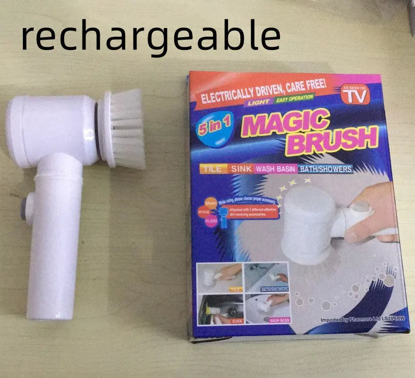 White cordless electric cleaning brush with three interchangeable brush heads on a bathroom sink