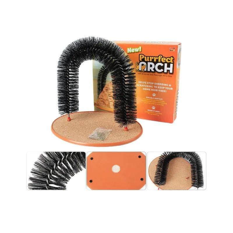 White plastic arched cat grooming station with built-in brush bristles for scratching.