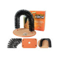 White plastic arched cat grooming station with built-in brush bristles for scratching.