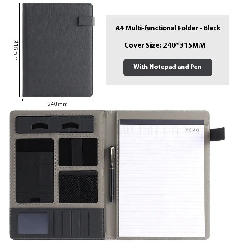 Leather A4 business folder in black, open to show 35mm thick plate and space for documents