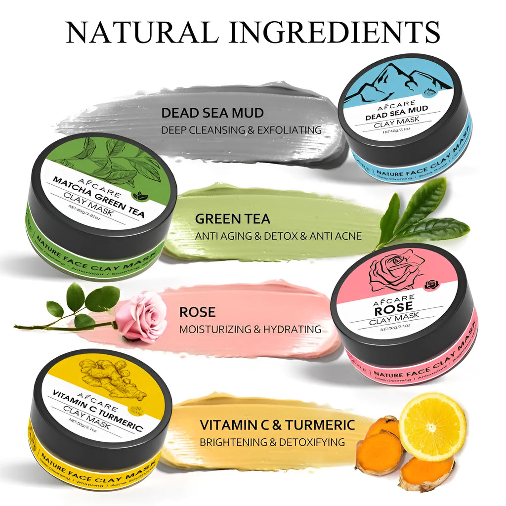 Set of four 80ml clay face mask jars: Dead Sea mud, green tea, turmeric, and rose formulas.