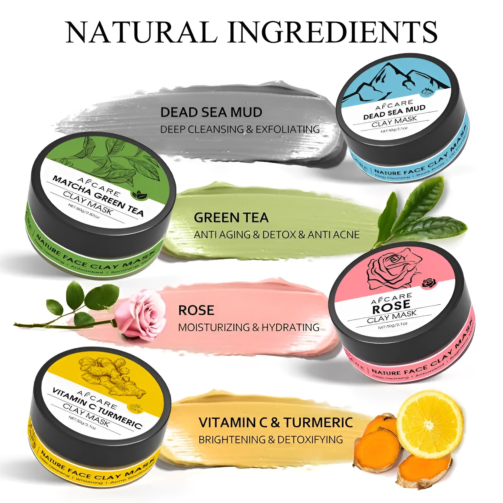Set of four 80ml clay face mask jars: Dead Sea mud, green tea, turmeric, and rose formulas.