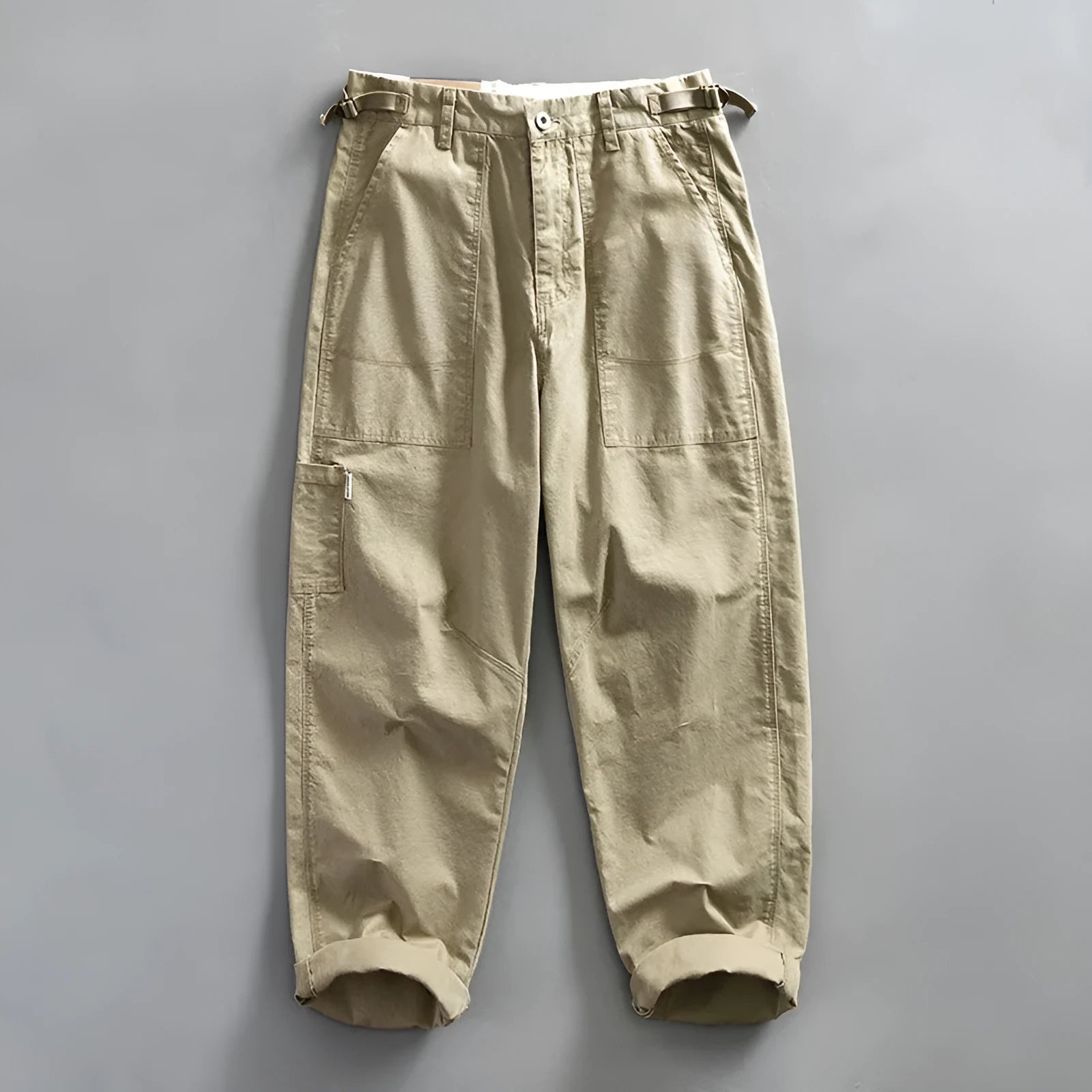 Men's straight-leg cotton trousers in army green, apricot and brown colours with mid-waist fit