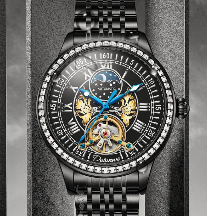 Men's waterproof mechanical watch with stainless steel strap and round dial on a wrist.