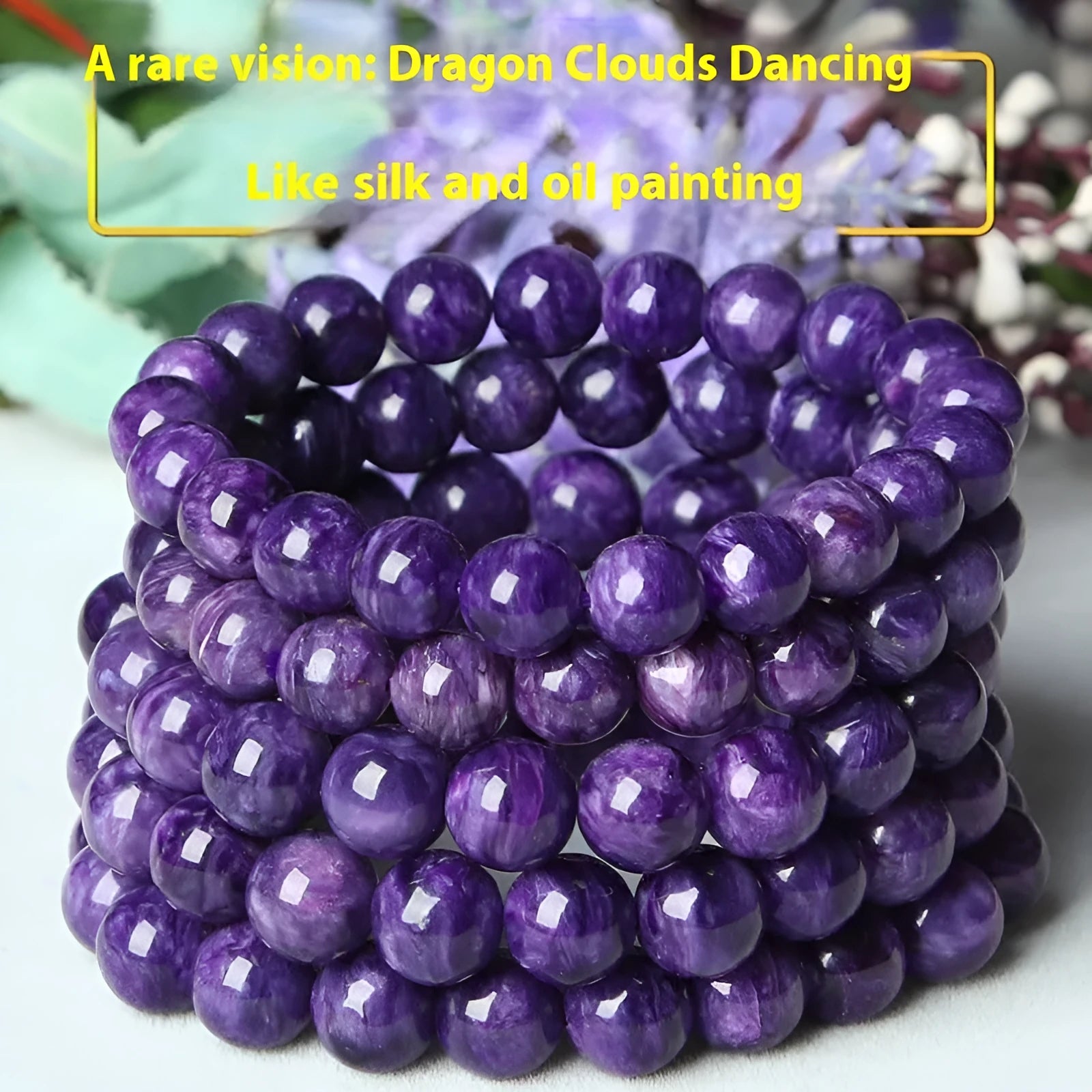 Natural transparent charoite crystal bracelet with platinum metal accents in hands bead design