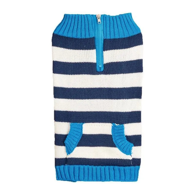 Small medium dog sweater with horizontal zipper and button pocket in contrast colours
