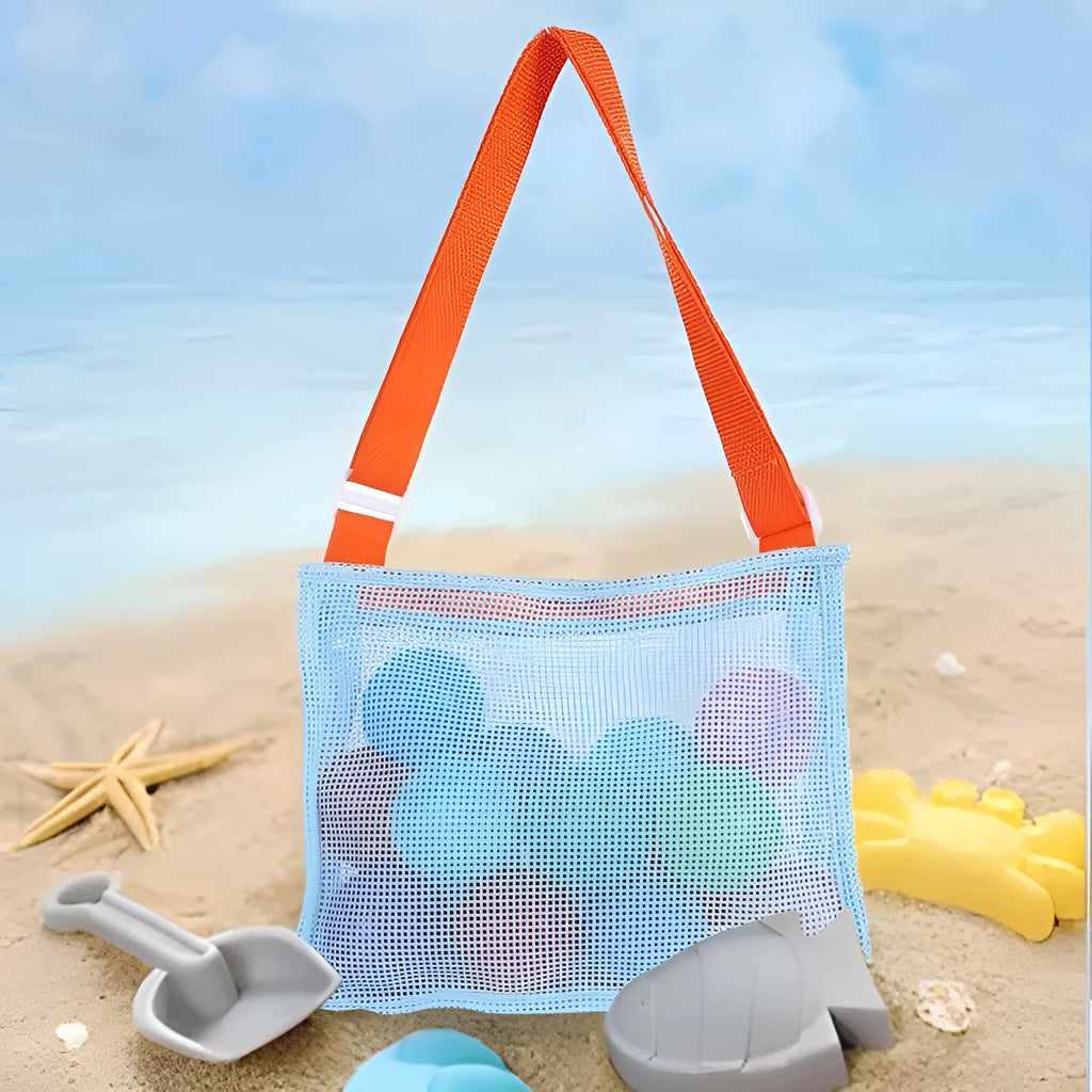 Blue nylon mesh travel storage bag with zip closure, dimensions 20x25x8cm.