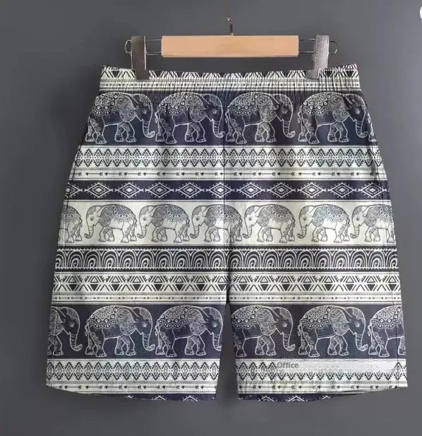Men's casual striped and patterned polyester shorts for outdoor sports, shown in multiple sizes.
