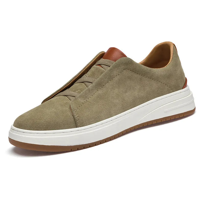 Men's suede casual shoes in khaki with genuine cowhide leather, elastic band, and round head design