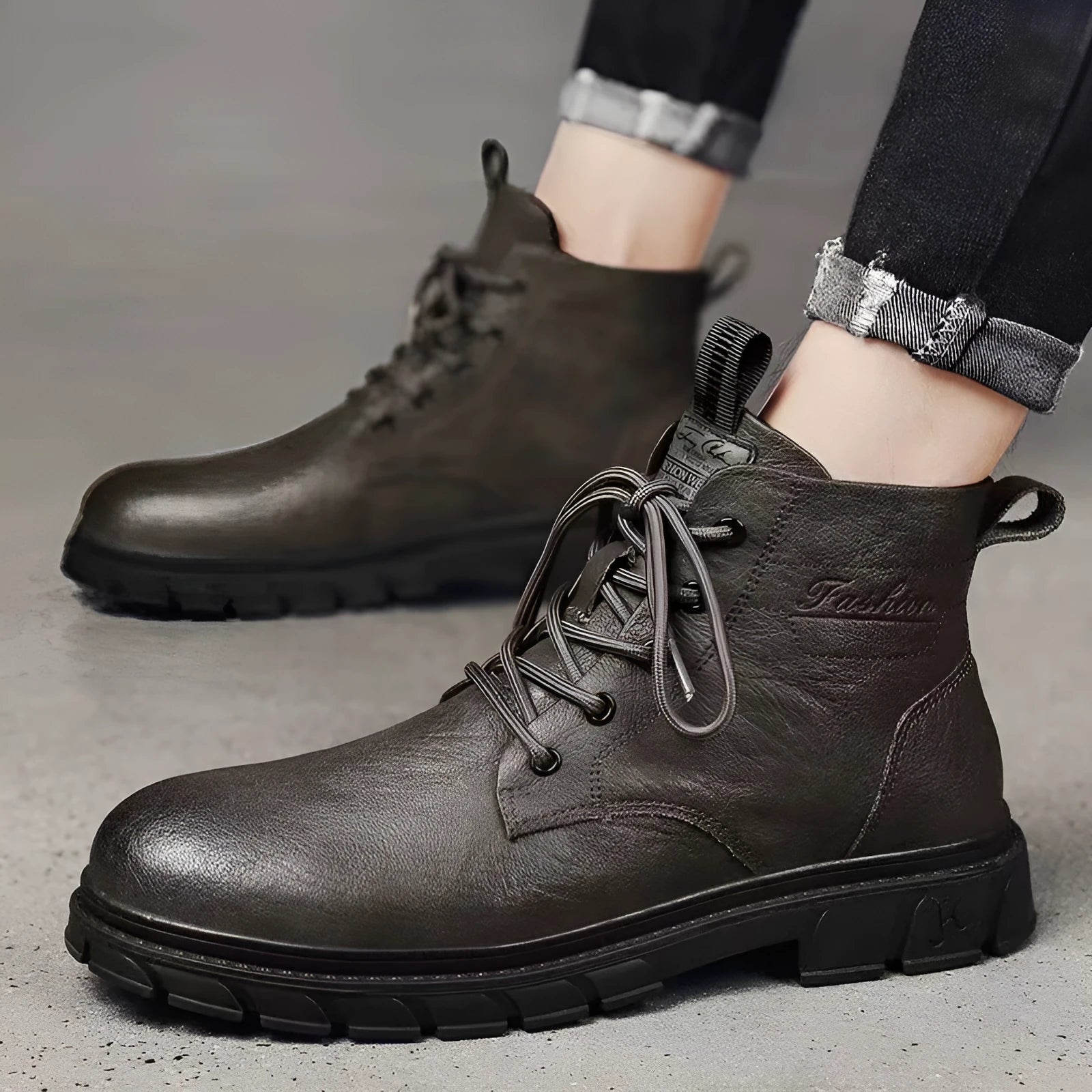 Men's black PU leather high-top Martin boots with stitching, square heel, and front lacing