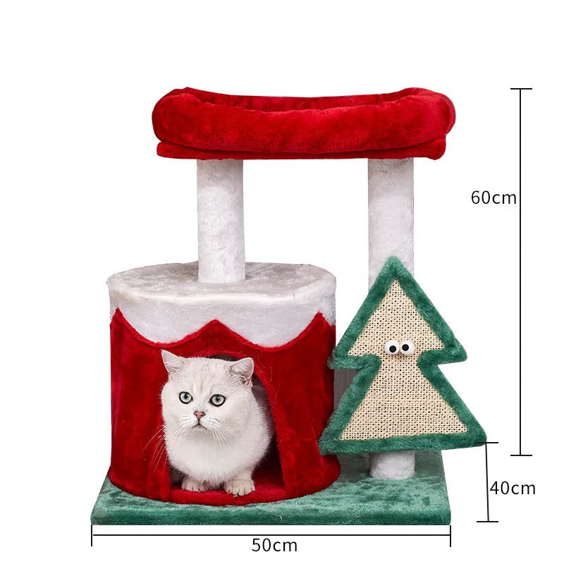Cat scratch integrated toy with Christmas colours in red, green and white on density plate material