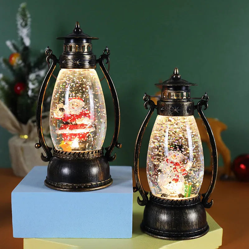 Plastic Christmas oil lamp desktop decoration with glowing crystal ball in snowman and elderly figure styles.