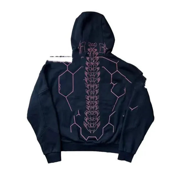 Fashion printed long sleeve sports leisure sweater loose fit polyester patch pocket black colour