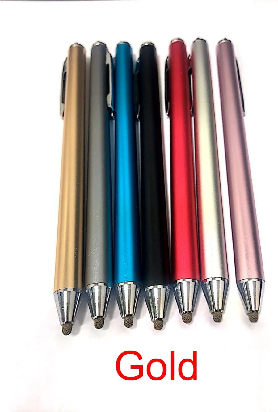 Metal capacitive stylus pen in seven colour options: black, silver, red, sky blue, gold, pink, and grey.