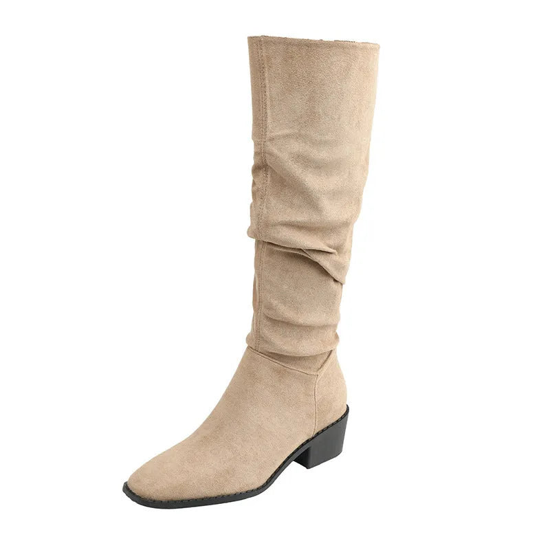 French mid-calf khaki suede western boots with height-increasing insole 5cm cloth lining