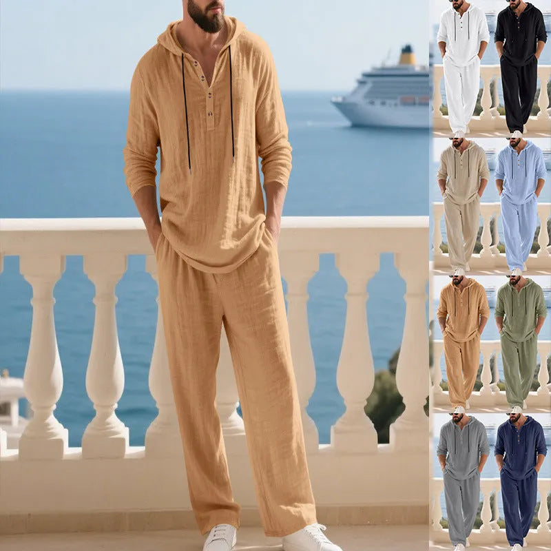 Men's casual loungewear set long sleeve hooded top and jogger pants in cotton blend