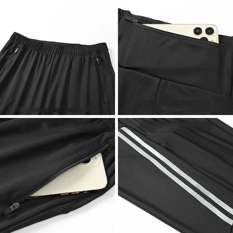 Men's black polyester running trousers with mid-waist design for exercise and leisure activities