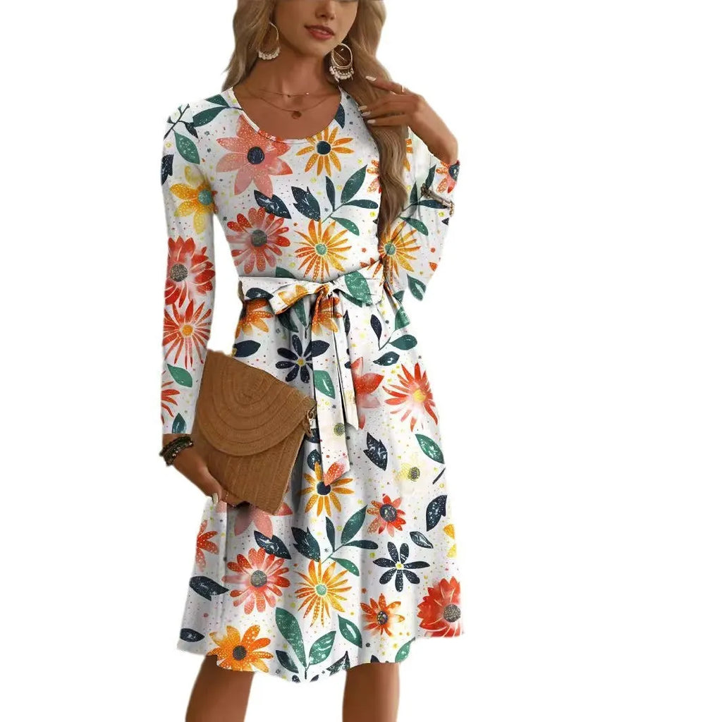 Round neck long sleeve midi waist printing dress for women in pullover style with printed polyester fabric