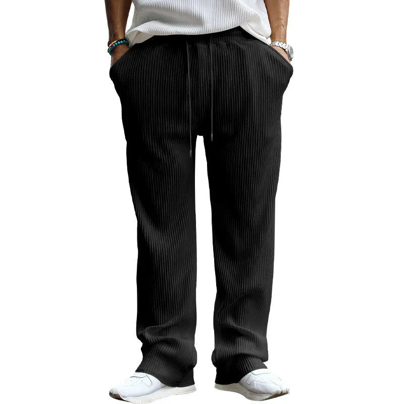 Men's casual high-waist straight-leg trousers in Army Green showing loose fit and striped design