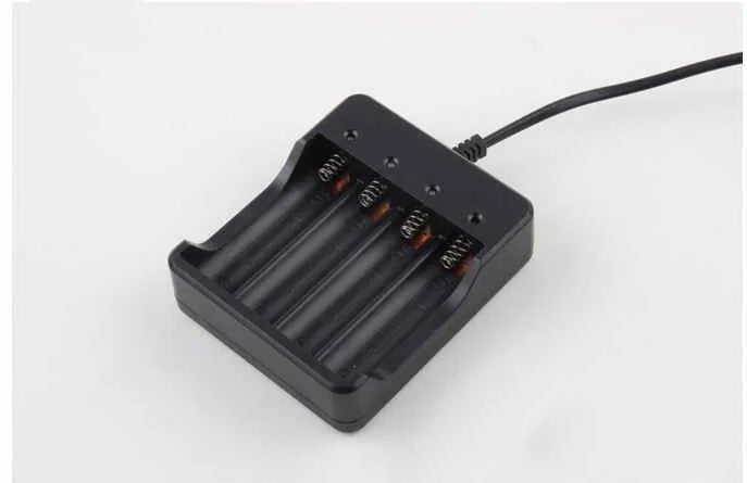 Four-slot 18650 smart battery charger with cable in black finish