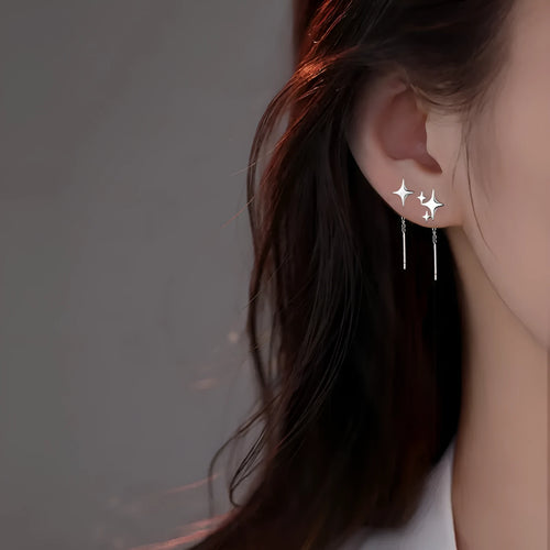 Asymmetric four eight-pointed stars hanging drop earrings for women in copper alloy