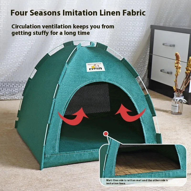 Grey tent-style dog bed with removable cover for small and medium breeds.