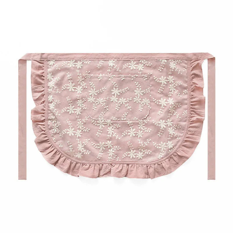 Cotton linen lace X strap apron in light pink colour on white background kitchen household use