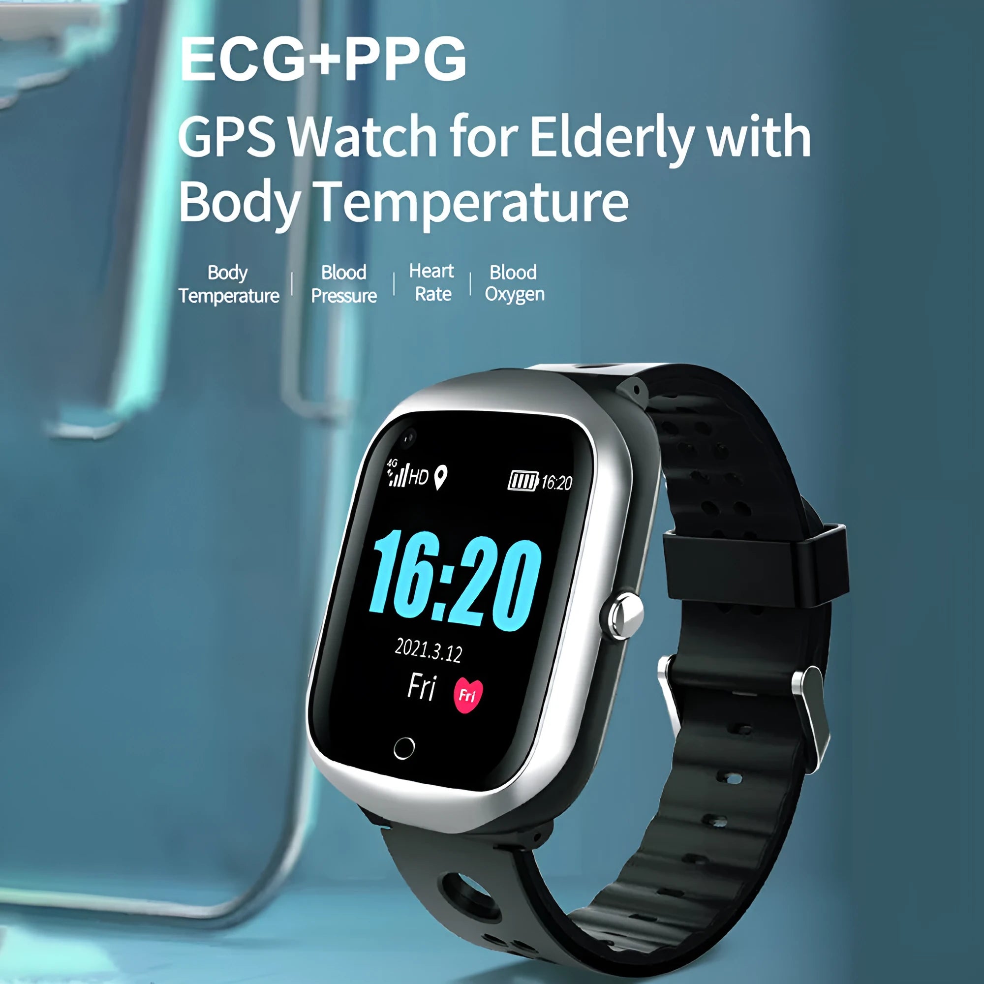 Square screen elderly smartwatch with silicone strap, showing SIM slot and dimensions of 51mm by 41mm.