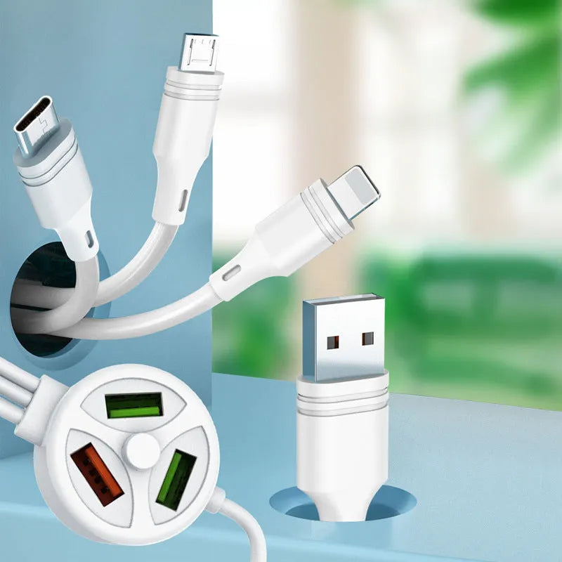 White universal phone charging cable with USB-C, Micro USB, and USB-A connectors on a 1.2m PVC cord.