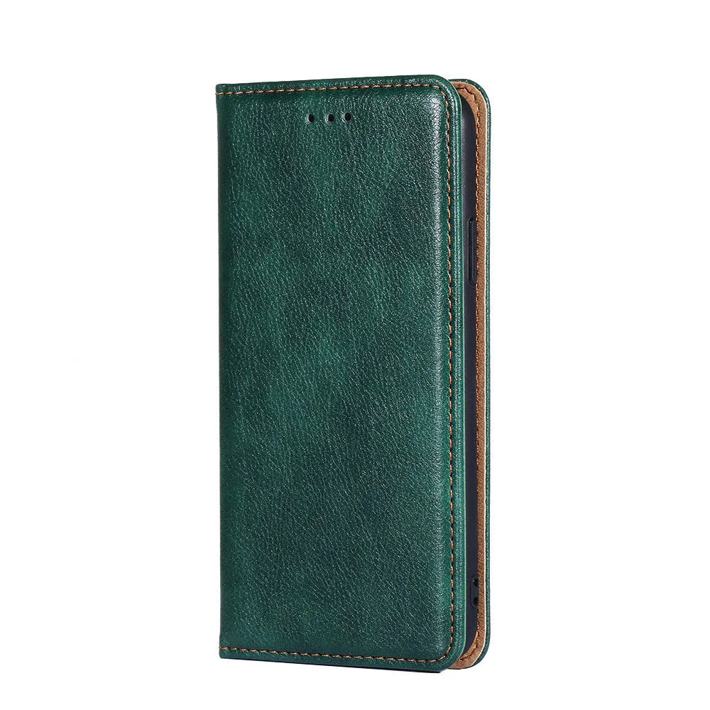 Samsung PU leather magnetic flip case in classic black with card slot and adjustable stand open