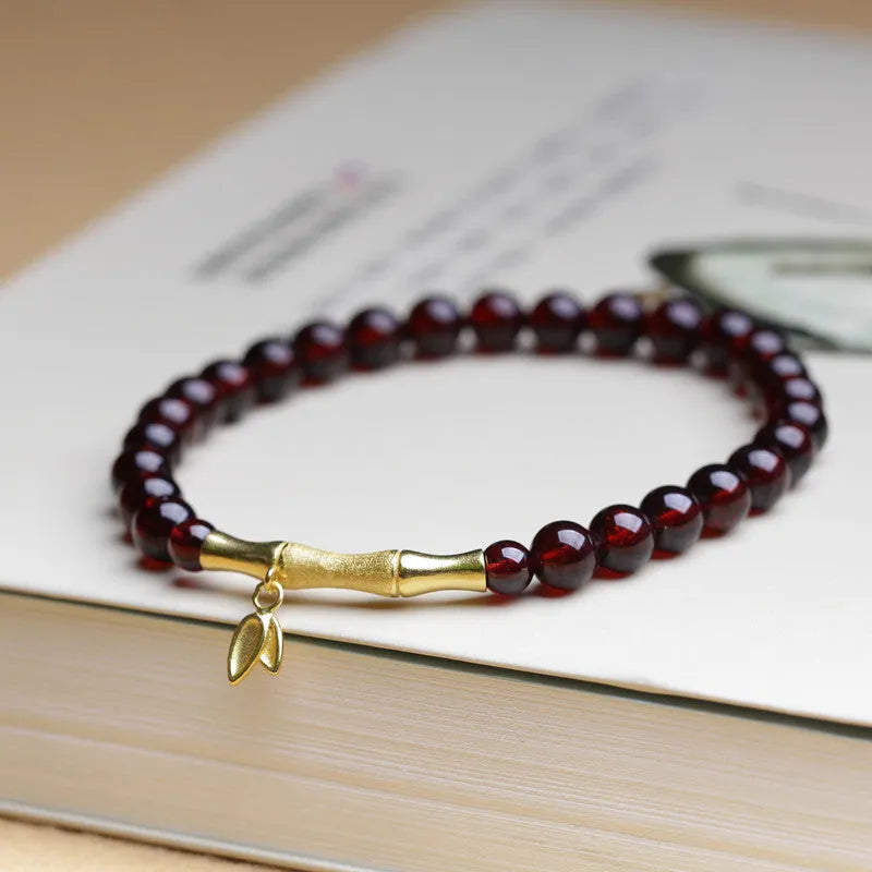 Natural garnet bamboo joint bracelet with 6mm gemstone in copper or silver finish
