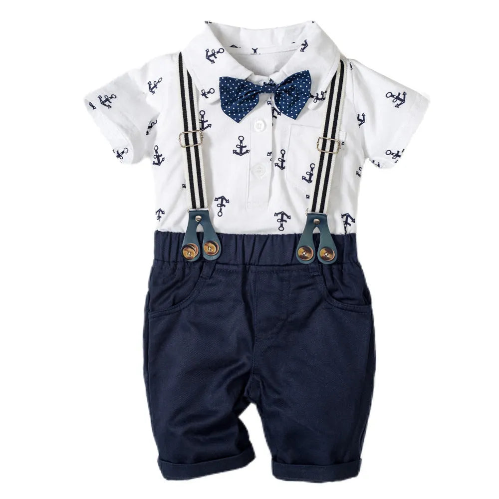 Blue cotton baby boy romper with printed triangle design and short sleeves