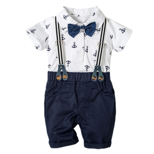 Blue cotton baby boy romper with printed triangle design and short sleeves