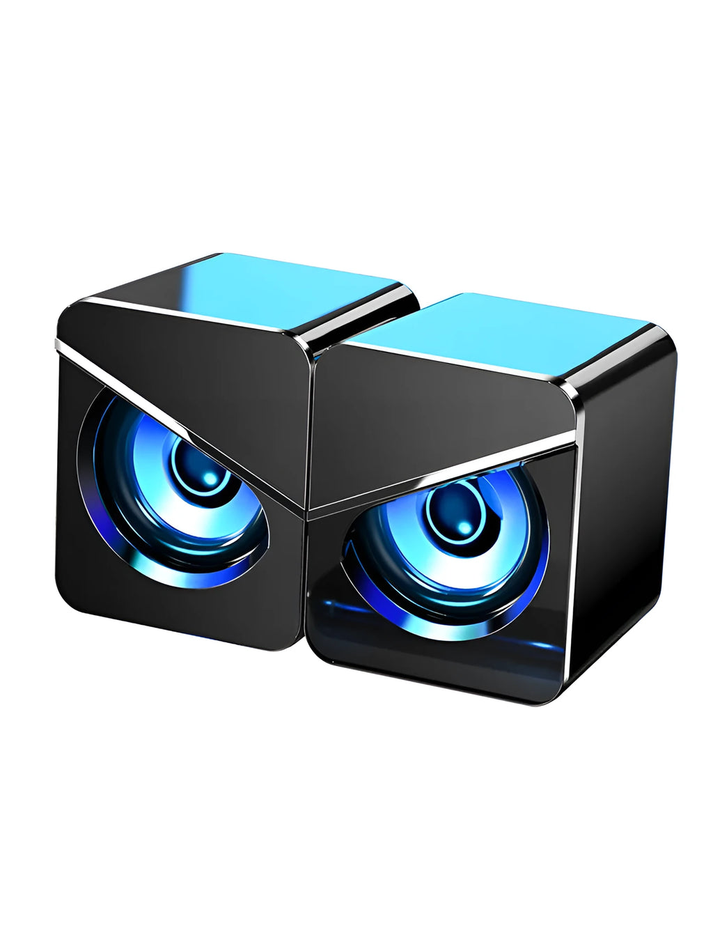 Black USB wired mini desktop speaker with volume knob next to white version, both measuring 7.5cm wide