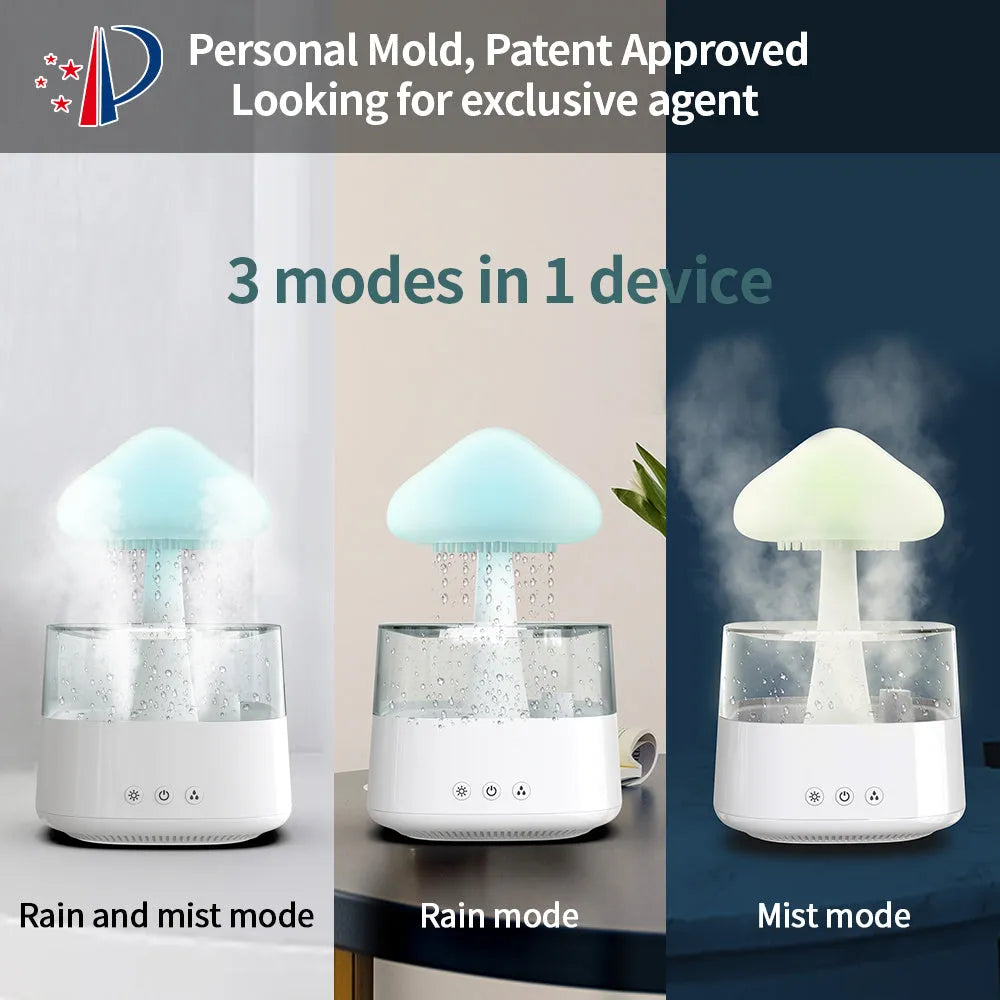Desk humidifier with raining cloud night light effect and aromatherapy function in wood grain finish