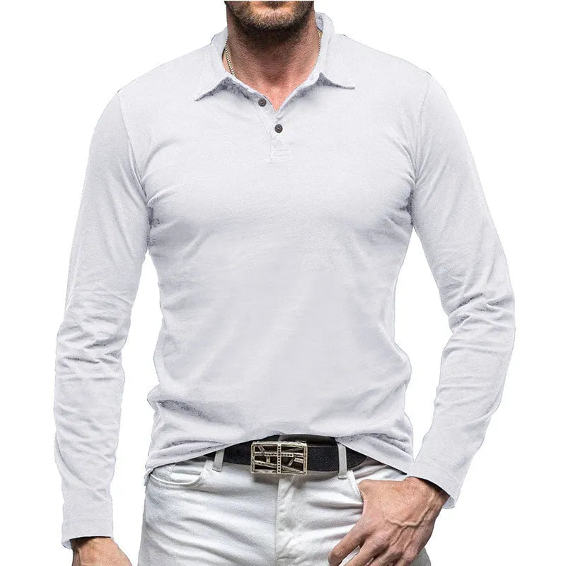 Men's dark grey polo collar long sleeve cotton T-shirt in American retro style laid flat