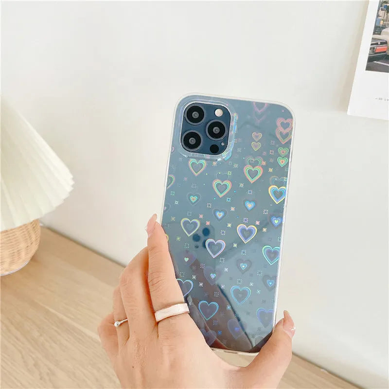 Transparent silicone iPhone case with laser love design for models 7 to 14 Pro Max