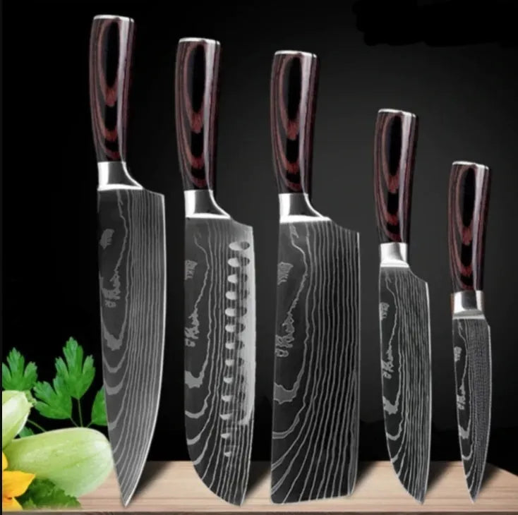 7Cr17 stainless steel kitchen knife with laser Damascus pattern blade and coloured wood handle