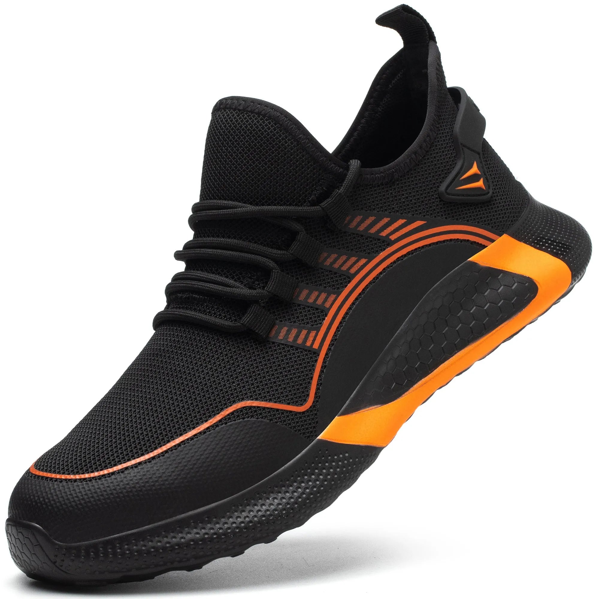 Breathable labour protection shoe for men with black fly-knit upper and rubber plastic sole