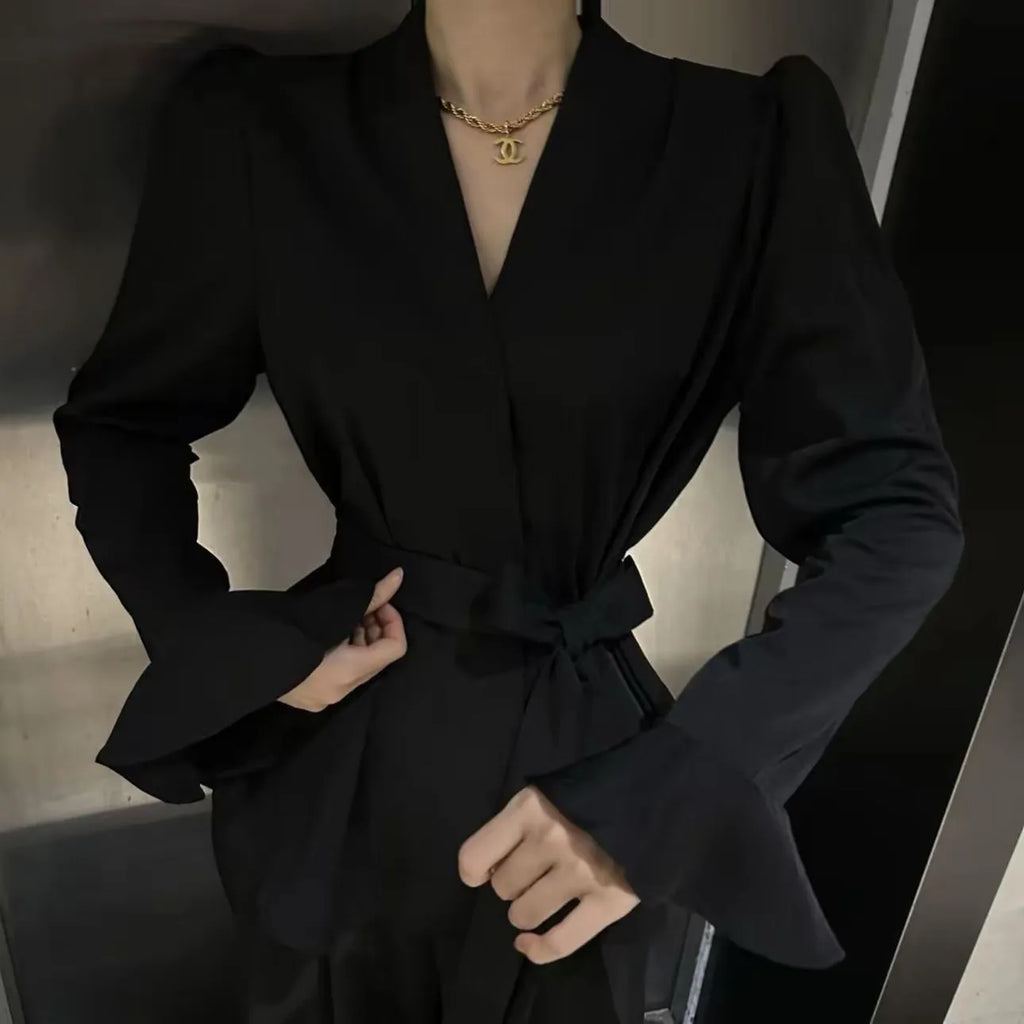 Women's French-style shirt with irregular collar, bell sleeves and tied front detail