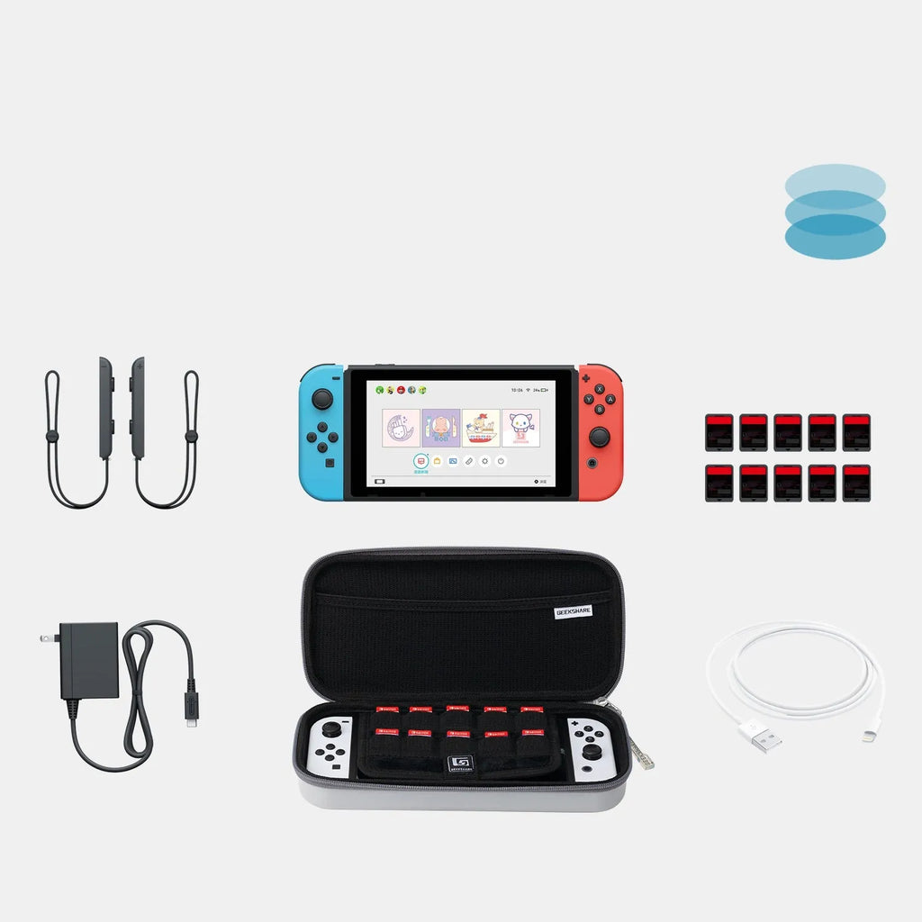 Nintendo Switch OLED storage clutch bag with handle and game cartridge compartments in grey colour