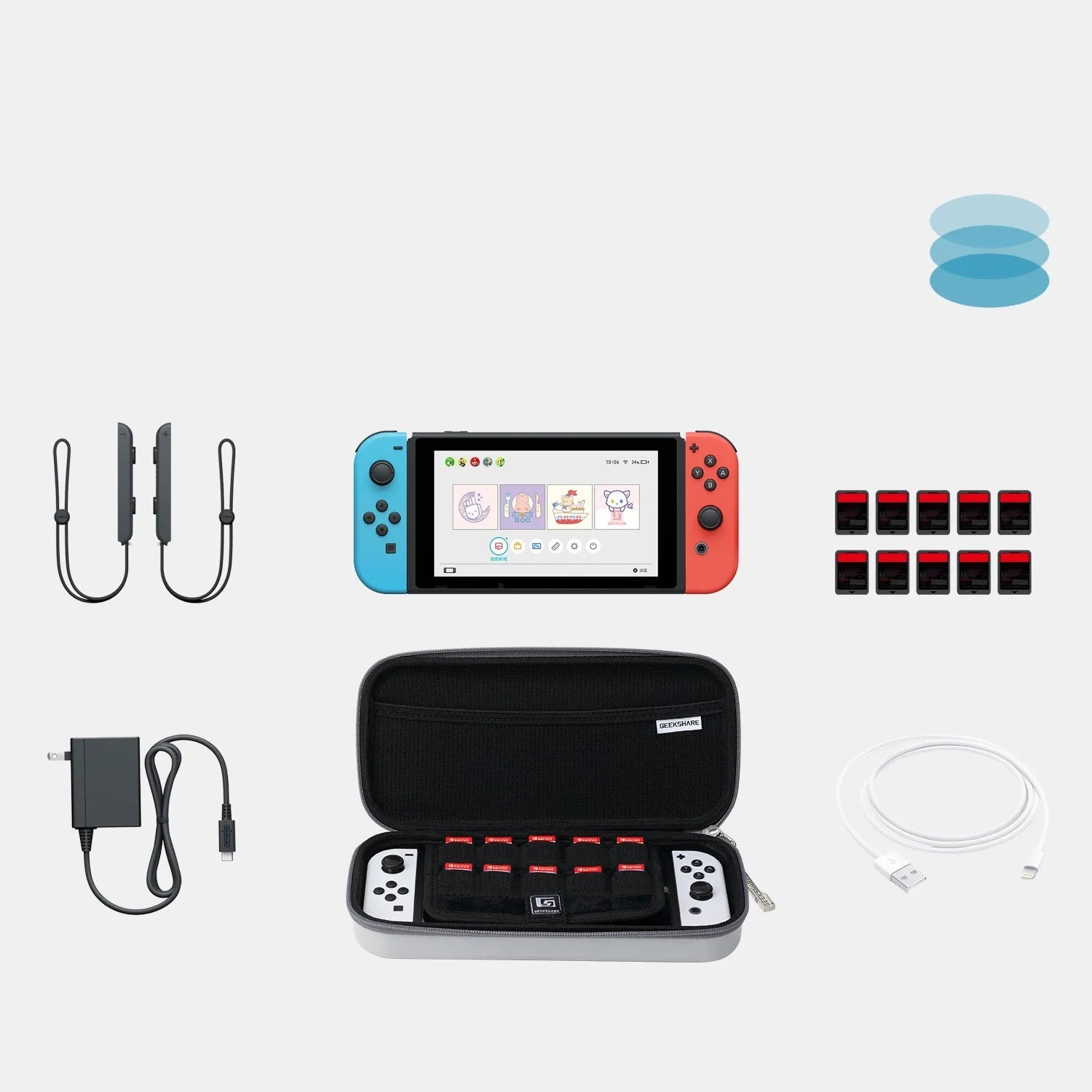 Nintendo Switch OLED storage clutch bag with handle and game cartridge compartments in grey colour