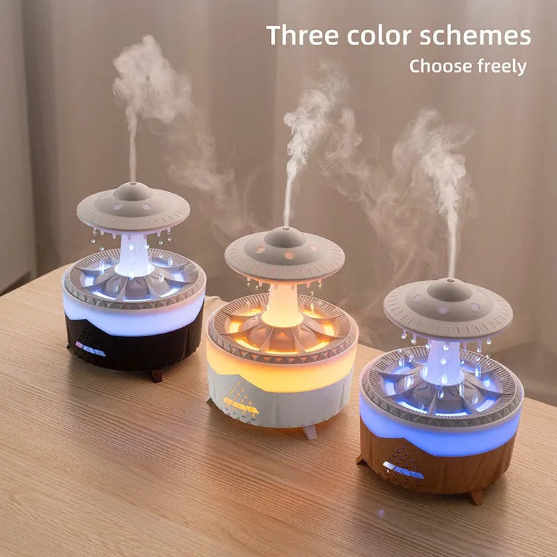 White cloud-shaped UFO raindrop humidifier with water mist and coloured lights