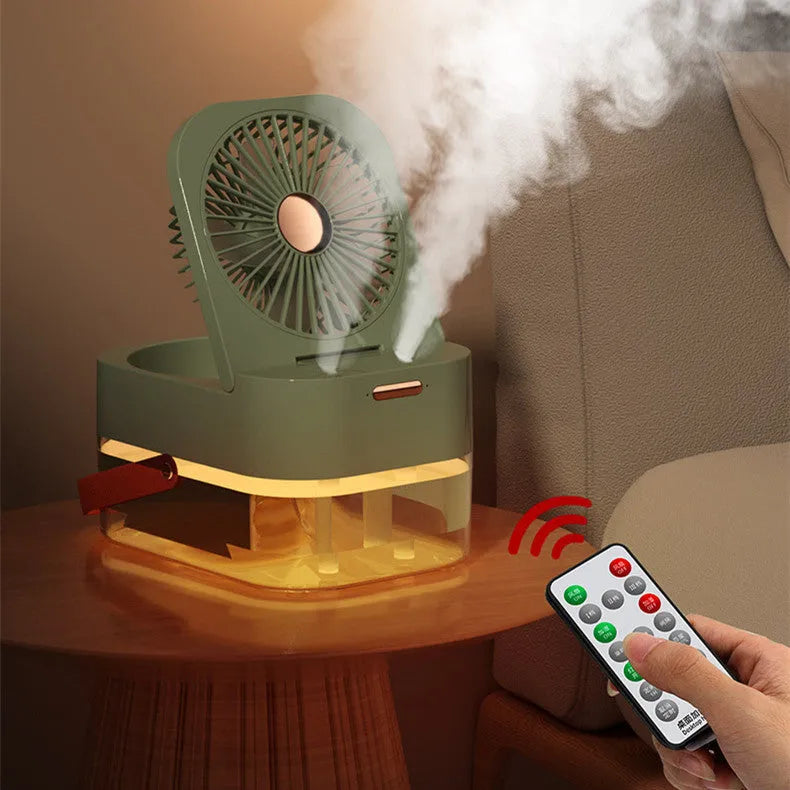 USB-powered desktop humidifier fan with large water tank and remote control on a wooden desk