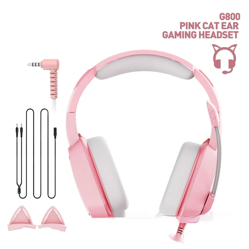 Pink G800 headworn wired earphones with braided cable and 3.5mm L-shaped plug