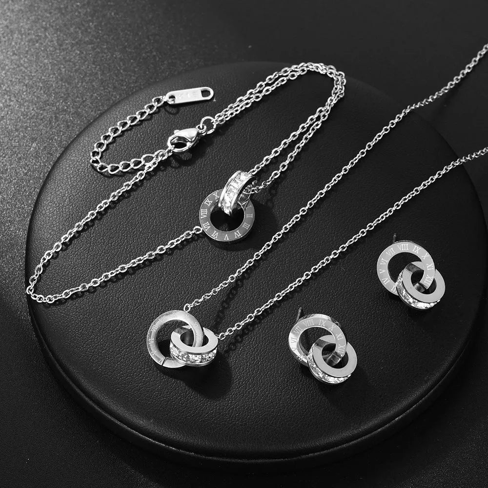 Women's Rome Double Ring Necklace in steel grey titanium steel with O-link chain on white background