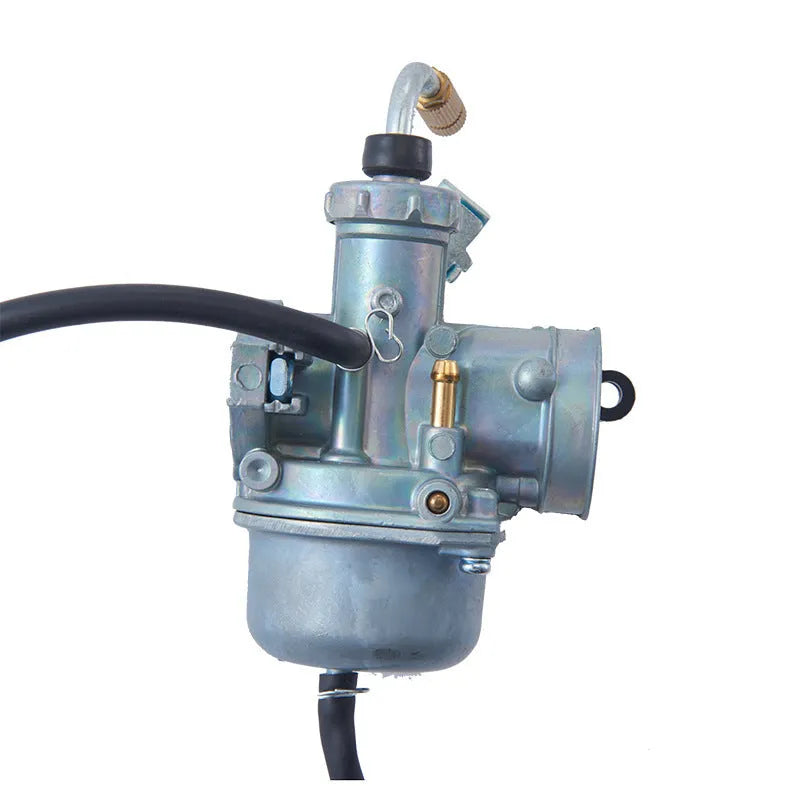 Motorcycle carburetor assembly showing flat suction plunger design for engine parts replacement