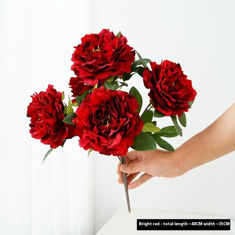 40cm artificial silk peony 5-head bouquet in light champagne colour on white background